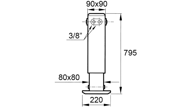 DOBBELTVIRKENDE HYDRAULISK STØTTEBEN (90x90x795 mm) - SLAGLÆNGDE 500 mm - 2.650 kg