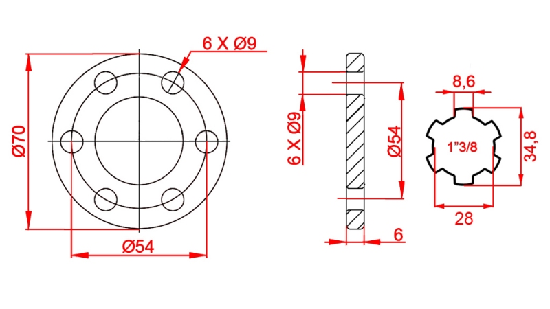 KARDANADAPTER MED FLANGE 6 HULLER 1-3/8 (90 mm)