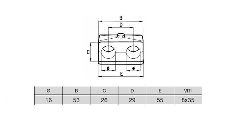 RØR HOLDER DIAMETER 16 - DOBBEL - dimensioner