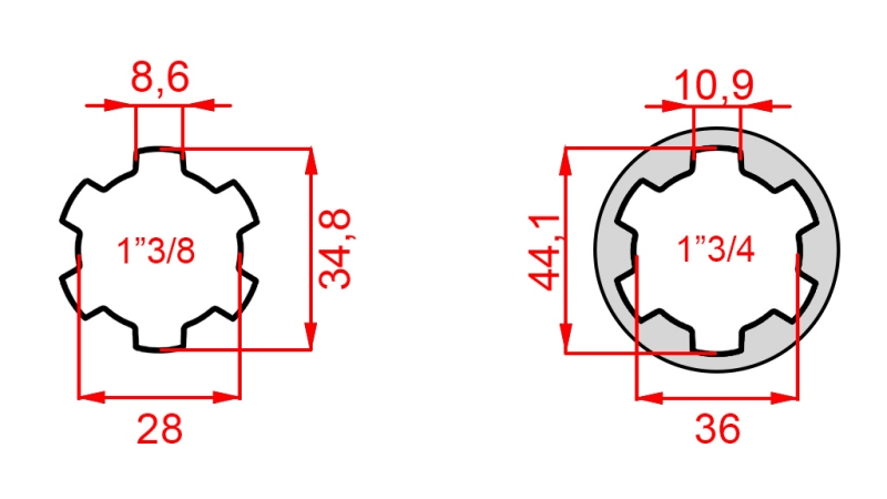 KARDANADAPTER MED TAP FRA 1-3/4 TIL 1-3/8 (165 mm)