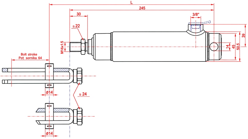 BREMSECYLINDER MED RETURFJEDER 25/70MM - GEVIND