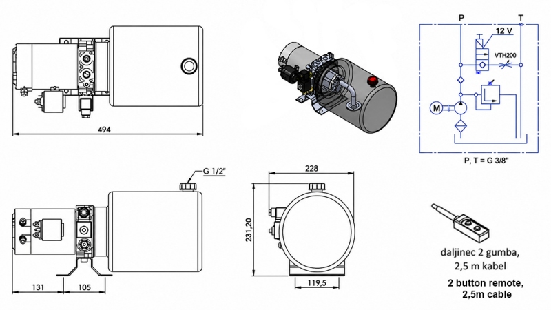 MINI HYDRAULISK POWER-PACK 12V DC - 1.6kW = 2.1cc - 8 liter - enfase enhed (metal)