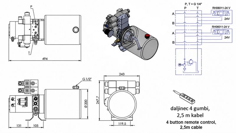 MINI HYDRAULISK POWER-PACK 24V DC - 2.2kW = 2.1cc - 8 lit - 2x dobbeltvirkende enhed (metal)