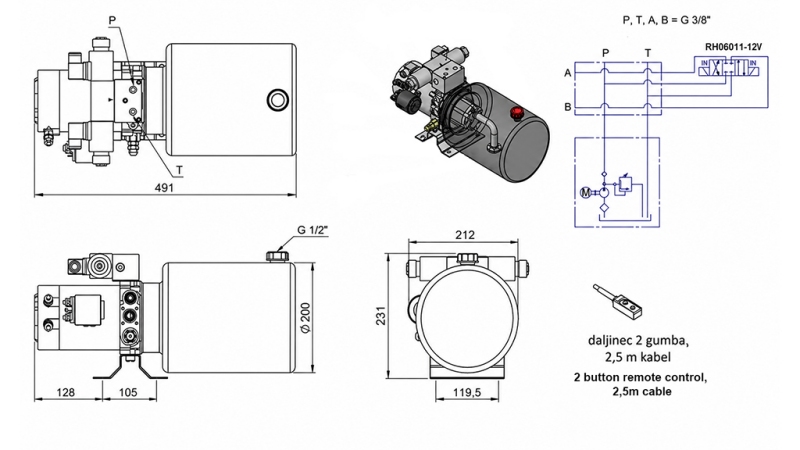 MINI HYDRAULISK POWER-PACK 12V DC - 1.6kW = 2.1cc - 8 lit - bidirektionel enhed (metal)