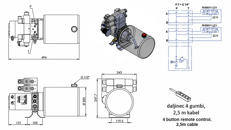 MINI HYDRAULISK POWER-PACK 12V DC - 1.6kW = 2.1cc - 8 lit - 2x bidirektionel enhed (metal)