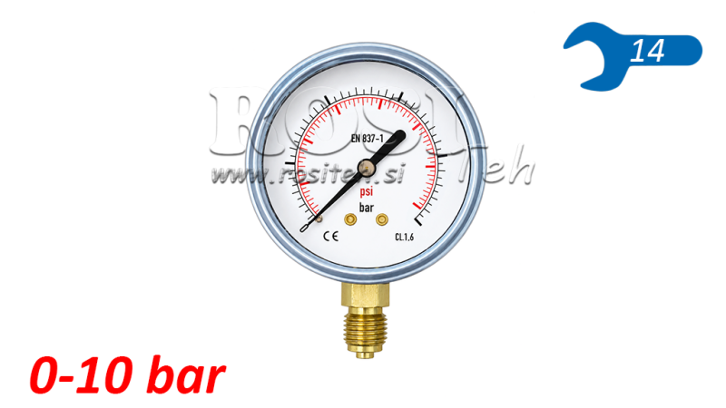 MANOMETER DN63 VERTIKAL 0 - 10 BAR - 1/4