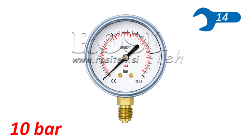 MANOMETER DN63 VERTIKAL 0 - 10 BAR - 1/4