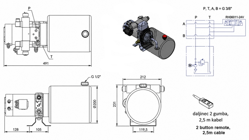 MINI HYDRAULISK POWER-PACK 24V DC - 2.2kW = 2.1cc - 8 lit - bidirektionel enhed (metal)