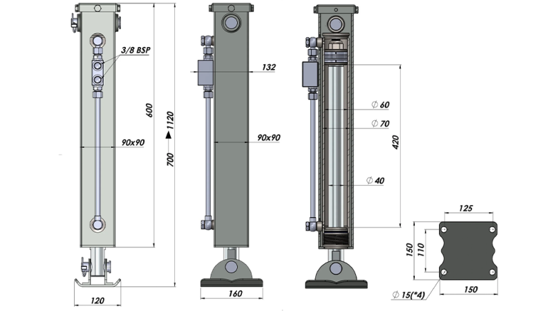 DOBBELTVIRKENDE HYDRAULISK STØTTEBEN (90x90x700 mm) - SLAGLÆNGDE 420 mm - 2.500 kg