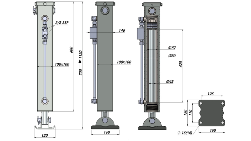 DOBBELTVIRKENDE HYDRAULISK STØTTEBEN (100x100x700 mm) - SLAGLÆNGDE 420 mm - 5.000 kg