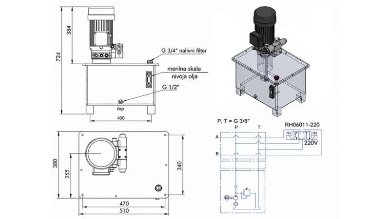 MINI HYDRAULIK POWER-PACK 380V AC (4 kW) - 8 cc - 12 lit/min - tank 40 lit