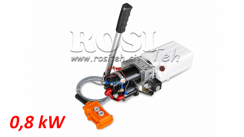 MINI HYDRAULISK ENHED 12V DC - 0.8KW = 0.5CC - 1.5 LITER - ENKELTVIRKENDE MONTERING (PVC) MED MANUEL PUMPE