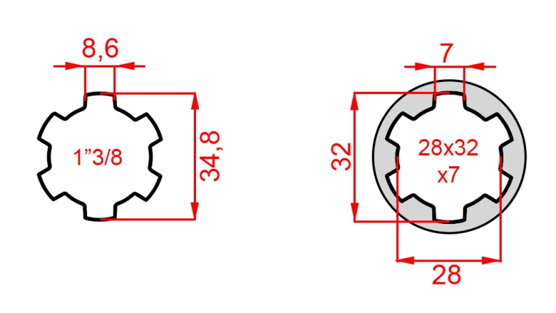 KARDANSKI NASTAVEK iz 28x32x7 (6 zob) na 1-3/8 (145 mm)