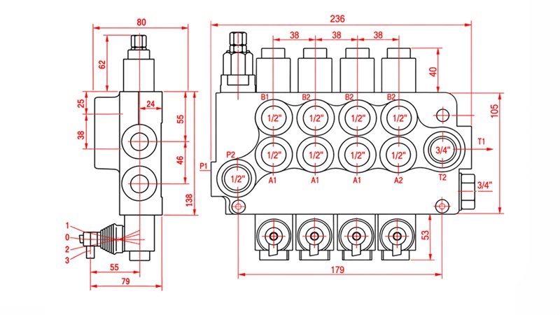 HYDRAULISK MANUEL VENTIL – 4-SEKTIONS RETNINGSVENTIL 4xR80 ECO
