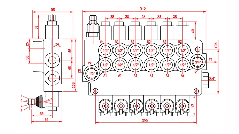 HYDRAULISK MANUEL VENTIL – 6-SEKTIONS RETNINGSVENTIL 6xR80 ECO
