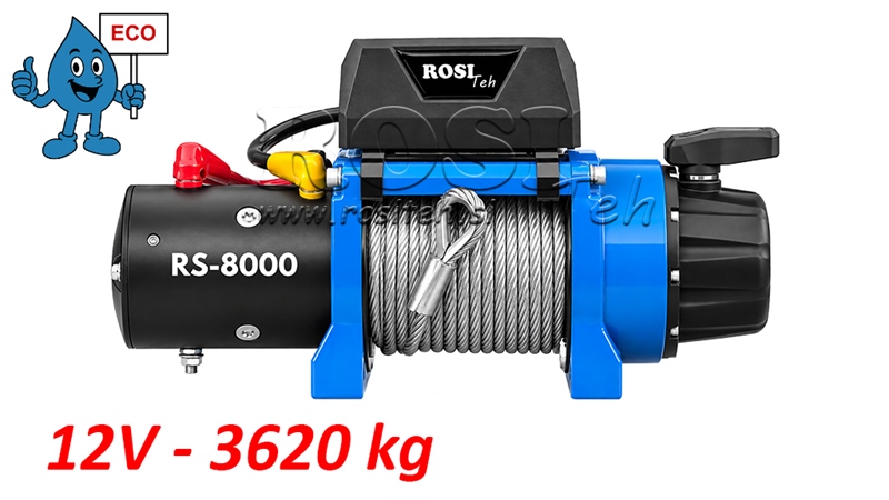 12 V ELEKTRISK SPIL RS-8000 - 3620 KG - STÅLWIRE - ECO