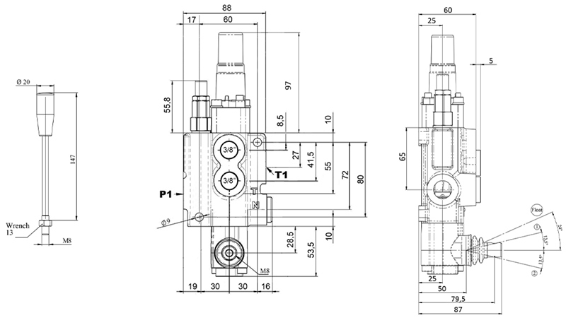 MANUEL HYDRAULISK VENTIL MONOBLOK 1xZ50 + FLYDEFUNKTION