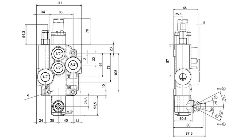 MANUEL HYDRAULISK VENTIL MONOBLOK 1xZ80 + FLYDEFUNKTION