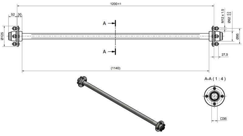 AKSEL TIL TRAILER 950 KG UDEN BREMSER (1200 MM)