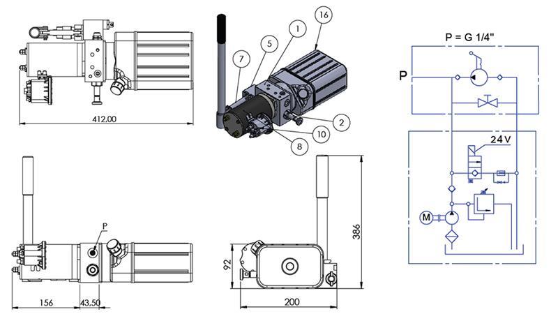 MINI HYDRAULISK AGGREGAT 24V DC - 0.8kW = 0.5cc - 1.5 liter - enfase enhed (PVC) med manuel pumpe