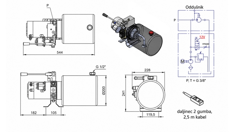 MINI HYDRAULISK POWER-PACK 12V DC - 1.6kW = 2.1cc - 8 liter - enfase enhed MED MANUEL PUMPE