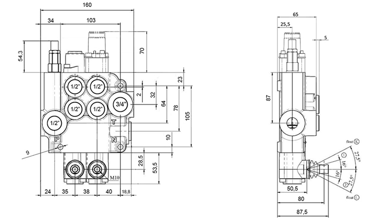 MANUEL HYDRAULISK VENTIL MONOBLOK 2xZ80 + FLYDEFUNKTION