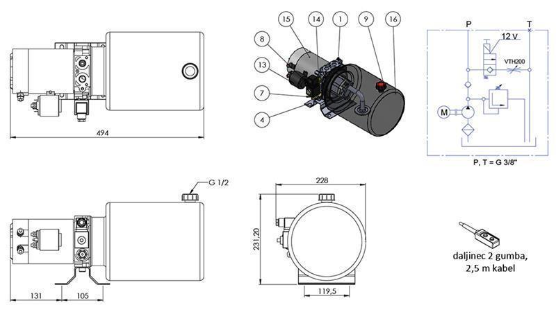 MINI HYDRAULISK AGGREGAT 12V DC - 1.6kW = 2.1cc - 8 lit - enkelt retningssamling (metal)