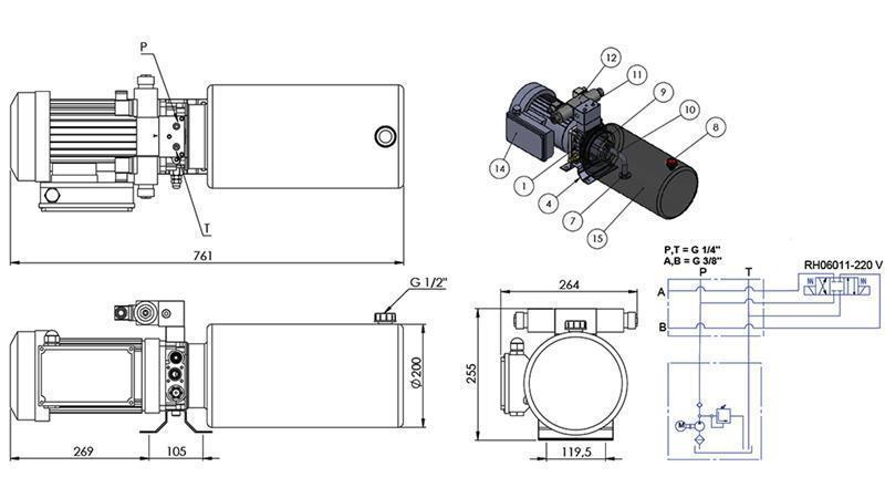 MINI HYDRAULISK AGGREGAT 230V AC (2.2 kW) - 8.0 cc - 11.2 lit/min - tank 12 lit