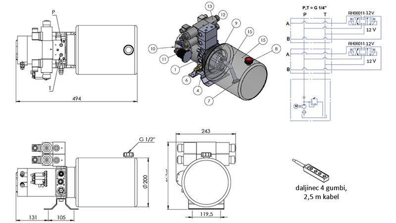 MINI HYDRAULISK AGGREGAT 12V DC - 1.6kW = 2.1cc - 8 lit - 2x bidirektionel samling (metal)