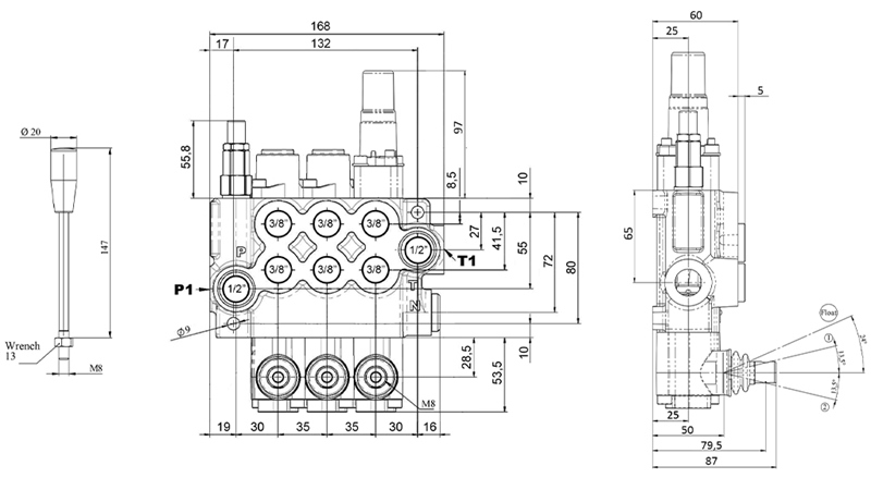 MANUEL HYDRAULISK VENTIL MONOBLOK 3xZ50 + FLYDEFUNKTION