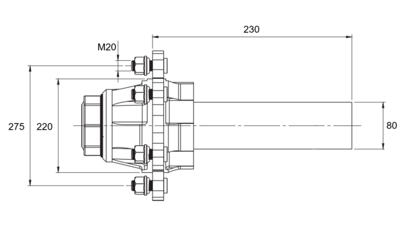 HALVAKSEL UDEN BREMSER - 5500 kg (8 SKRUER) - 230 mm