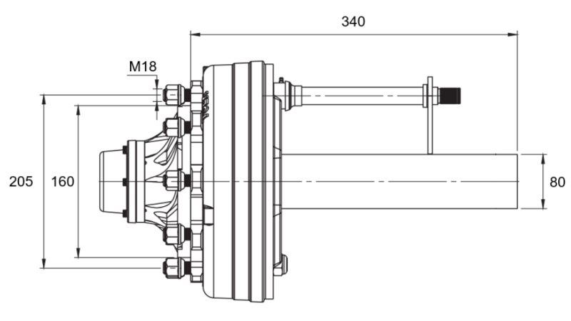 HALVAKSEL MED BREMSER - 4400 kg (6 SKRUER) - 340 mm
