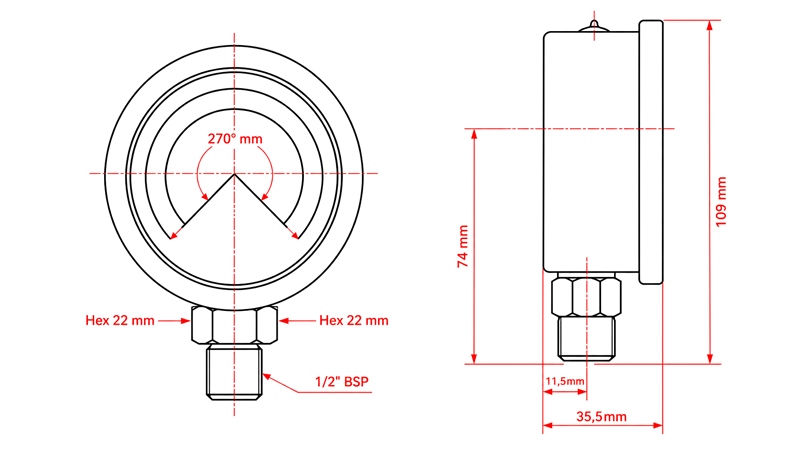 MANOMETER DN100 VERTIKAL 0 - 60 BAR - 1/2