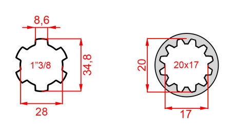 KARDANADAPTER FRA 20x17 (12 SPLINES) TIL 1-3/8 (120 mm)