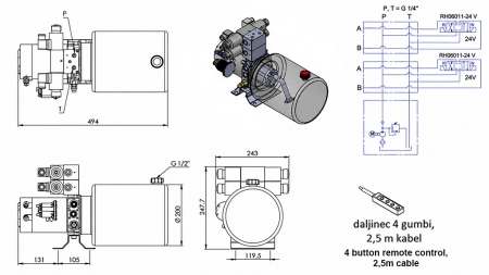 MINI HYDRAULISK POWER-PACK 24V DC - 2.2kW = 2.1cc - 8 lit - 2x dobbeltvirkende enhed (metal)