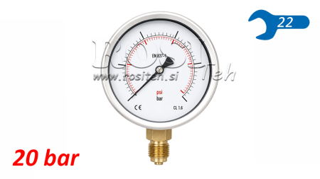 MANOMETER DN100 VERTIKAL 0 - 20 BAR - 1/2