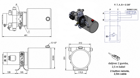 MINI HYDRAULISK POWER-PACK 24V DC - 2.2kW = 2.1cc - 8 lit - bidirektionel enhed (metal)