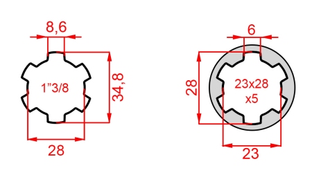 KARDANADAPTER FRA 23x28x6 (6 SPLINES) TIL 1-3/8 (140 mm)