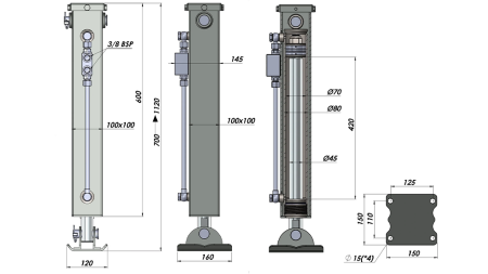 DOBBELTVIRKENDE HYDRAULISK STØTTEBEN (100x100x700 mm) - SLAGLÆNGDE 420 mm - 5.000 kg