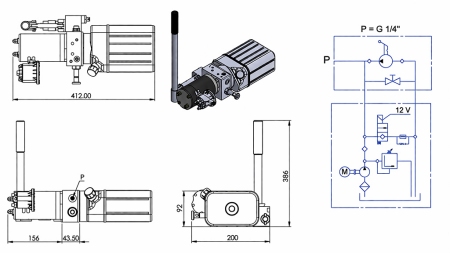 MINI HYDRAULISK ENHED 12V DC - 0.8KW = 0.5CC - 1.5 LITER - ENKELTVIRKENDE MONTERING (PVC) MED MANUEL PUMPE