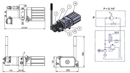 MINI HYDRAULISK AGGREGAT 12V DC - 0.8kW = 0.5cc - 1.5 liter - enfase enhed (PVC) med manuel pumpe