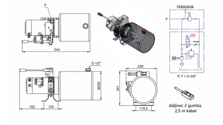 MINI HYDRAULISK POWER-PACK 12V DC - 1.6kW = 2.1cc - 8 liter - enfase enhed MED MANUEL PUMPE