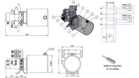 MINI HYDRAULISK AGGREGAT 12V DC - 1.6kW = 2.1cc - 8 lit - 2x bidirektionel samling (metal)