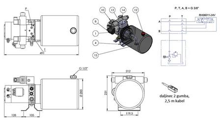 MINI HYDRAULISK AGGREGAT 24V DC - 2.2kW = 2.1cc - 8 lit - dobbelt retningssamling (metal)