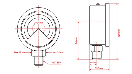 MANOMETER DN100 VERTIKAL 0 - 250 BAR - 1/2