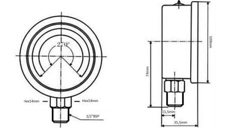 MANOMETER DN100 VERTIKAL 0 - 60 BAR - 1/2-dimensioner