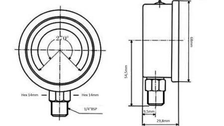MANOMETER DN63 VERTIKAL 0 - 25 BAR - 1/4-dimensioner