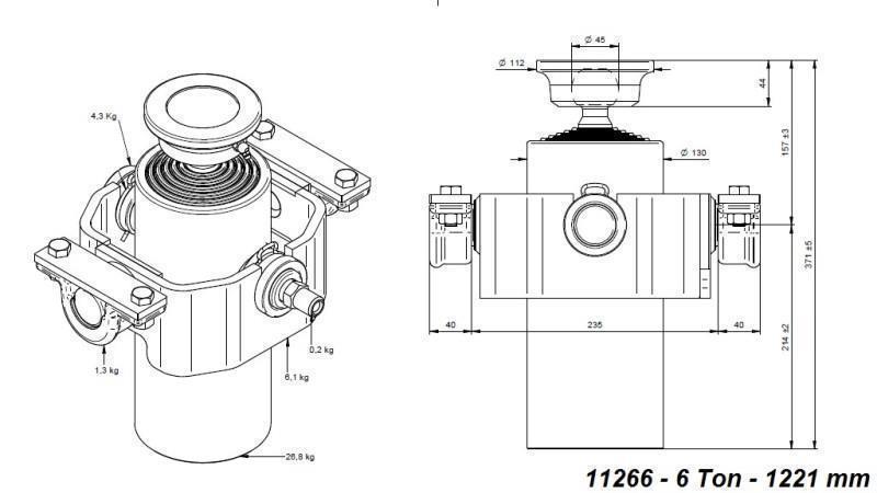 TELESCOPISK CYLINDER KOMPAKT 6 GRADER 1221mm x125 -KUGLE