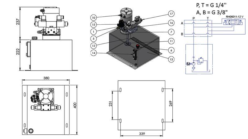 MINI HYDRAULISK AGGREGAT 12V DC - 1.6kW = 2.1cc - 25 lit - dobbelt retningssamling (metal)
