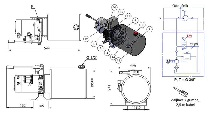 MINI HYDRAULISK AGGREGAT 12V DC - 1.6kW = 2.1cc - 8 lit - enkelt retningssamling MED HÅNDPUMPE